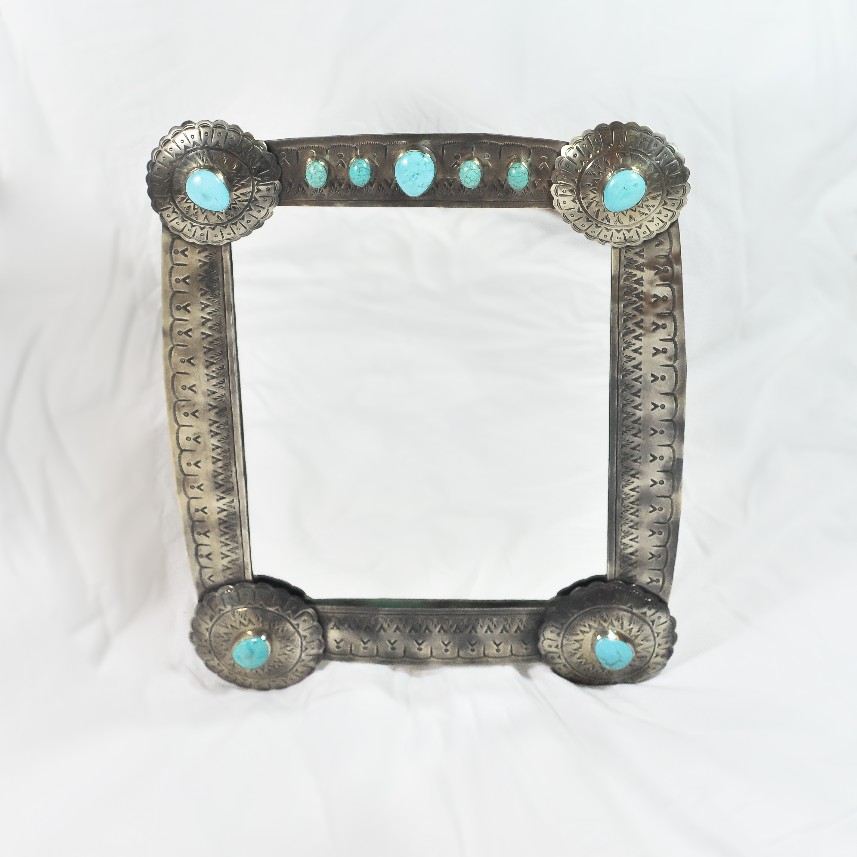 Silver Stamped Mirror with Turquoise at Anteks Furniture Store in Dallas